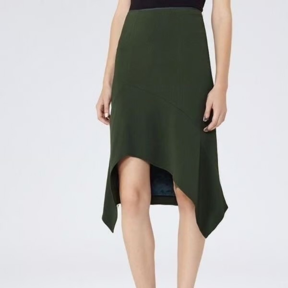 Reiss Autumn Forest Green Handkerchief Hem Midi Skirt‎ Size 0
